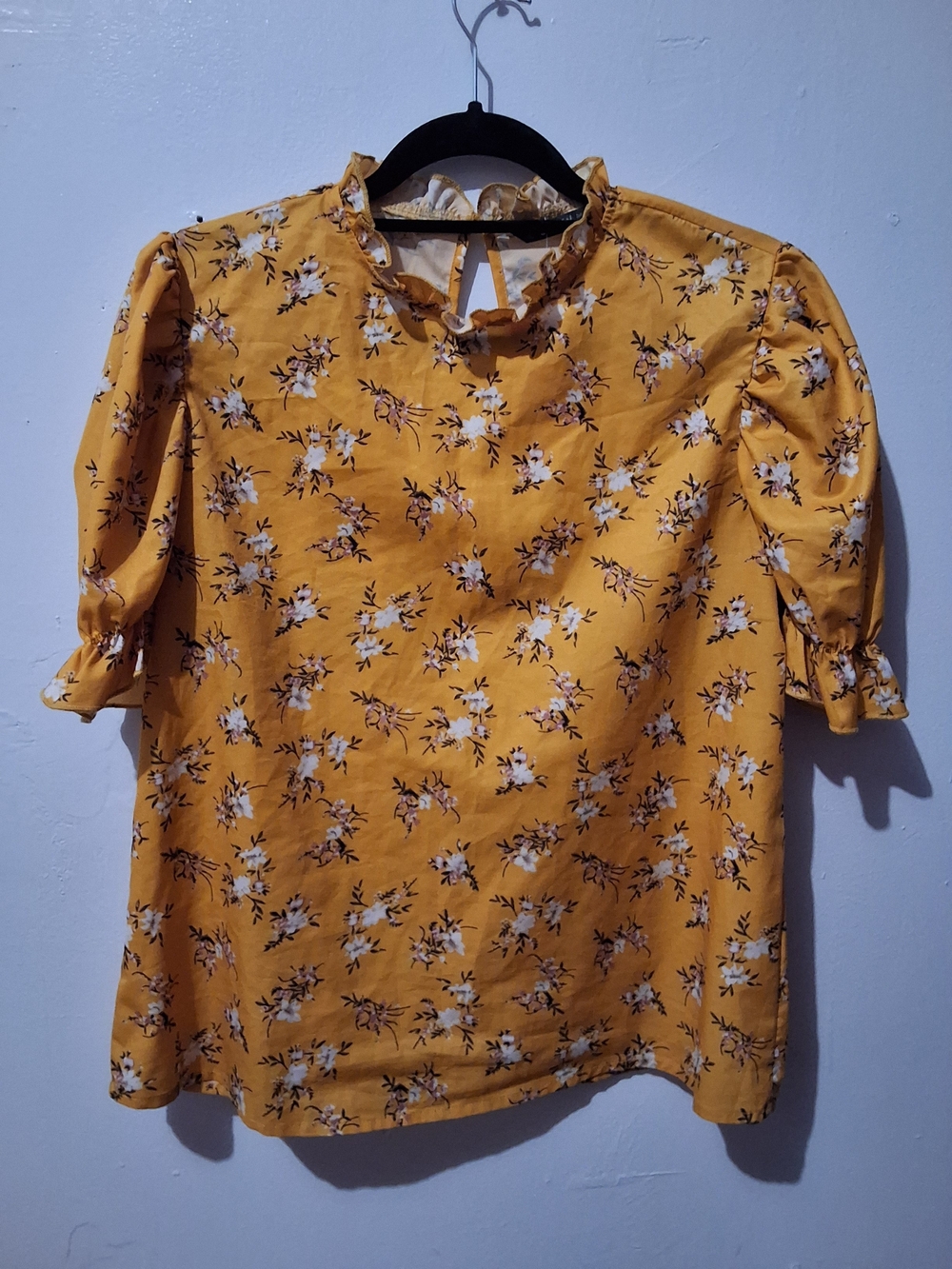 SHEIN Mustard Yellow Floral Ruffle-Neck Blouse